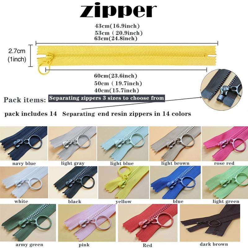 Wonesifee #3 Plastic Separating Zippers Colorful 14pcs Resin Zippers with Ring Pulls for Jackets Clothes DIY Clothing Children Coat Sewing Craft Mixed 14 Colors (40cm) 16inch - Image 3